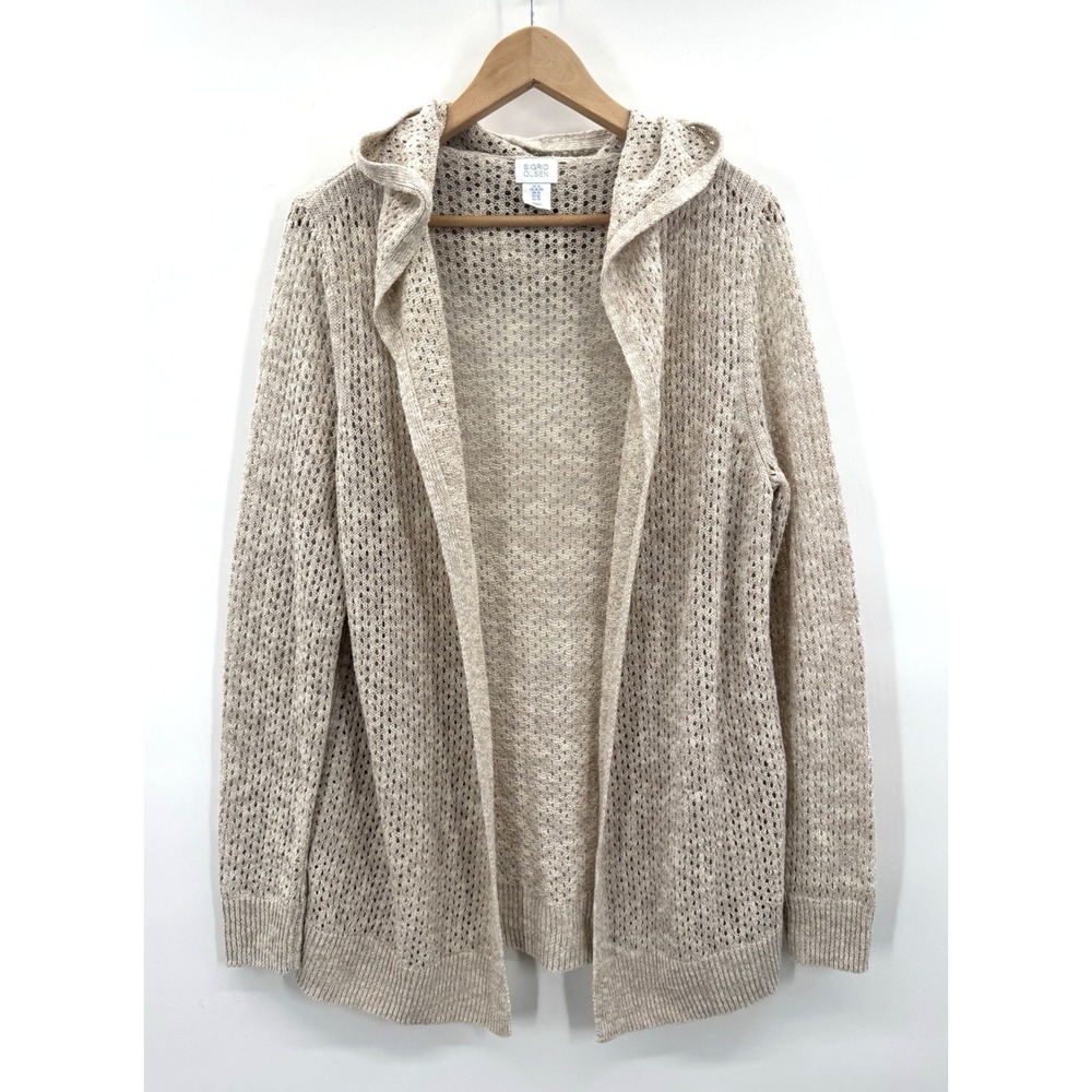 Sigrid Olsen Women XL Open Knit Cardigan Linen Cotton Hooded Coastal Beach Prep
